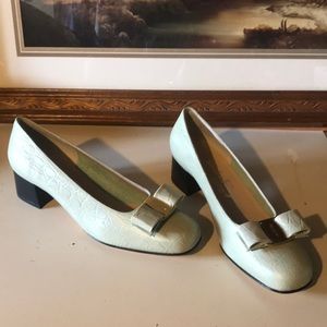 Salvatore Ferragamo light green low heels. In box